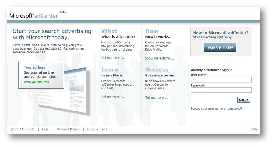 Microsoft adCenter's old interface, dating back to 2007.